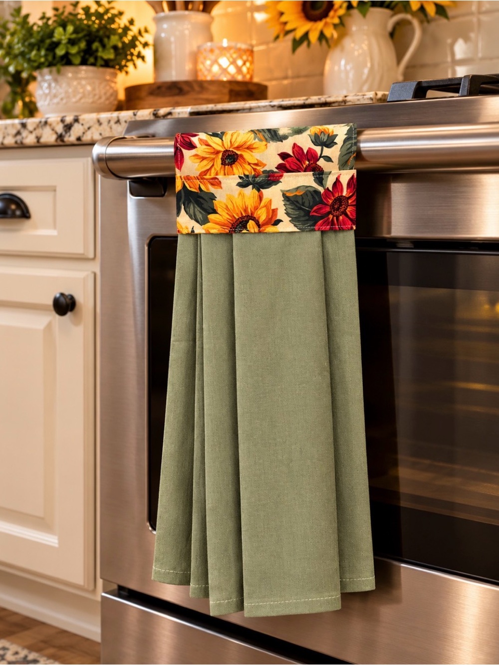 Hand Crafted Olive Green Kitchen Towel with Sunflower and Red Floral Top